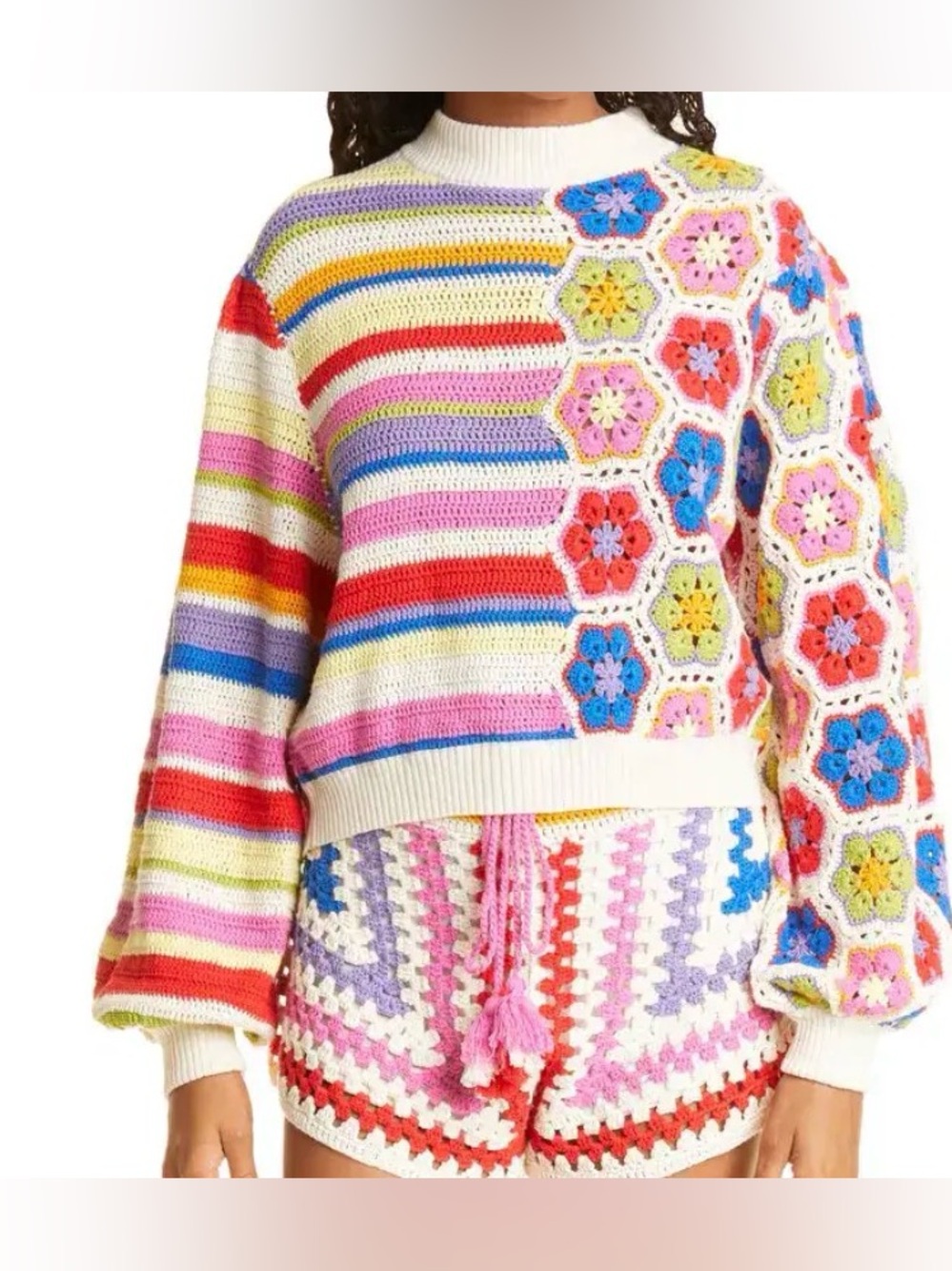 Farm Rio Rainbow Crochet Squares Sweater